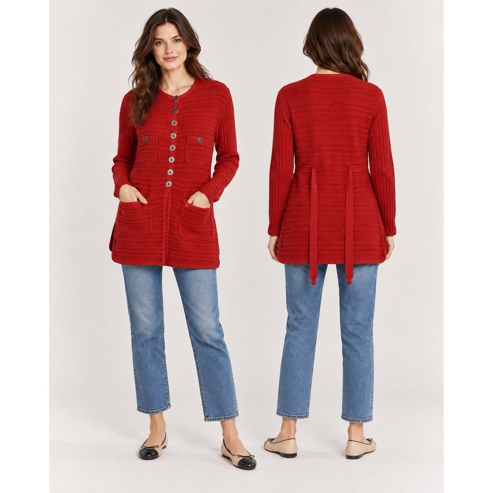 Sonia Rykiel Paris Vintage Red Cotton Knit Cardigan 40 Anchor Buttons 4 Pocket